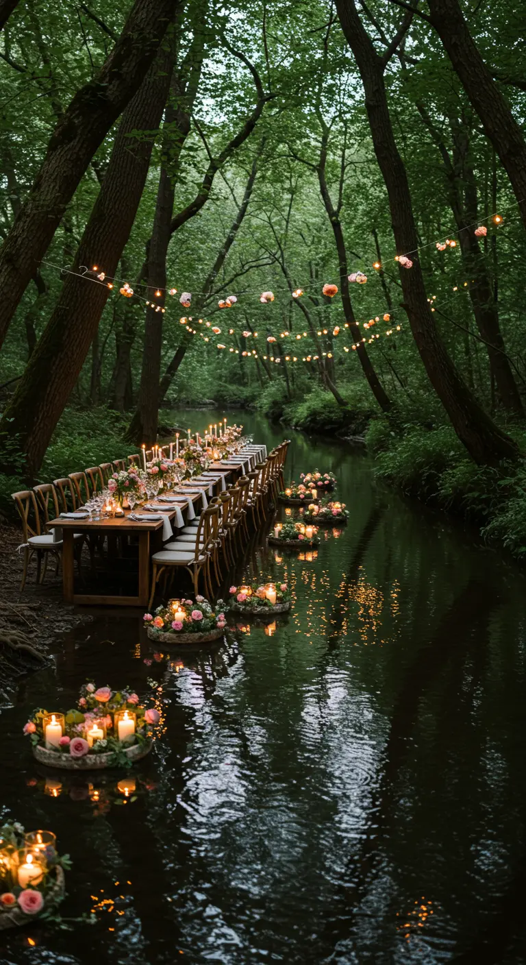 Longue table de dîner dressée au bord d'une rivière sombre, avec des bougies flottantes.