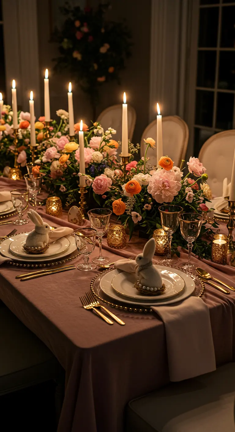 Table de Pâques élégante et tamisée, éclairée par des bougies, avec fleurs et lapins.