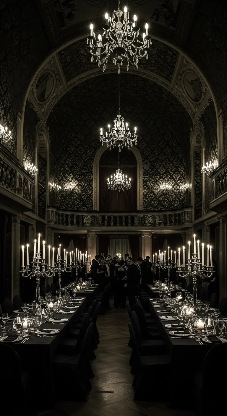 Longues tables noires dressées pour un banquet aux chandelles dans une salle voûtée.