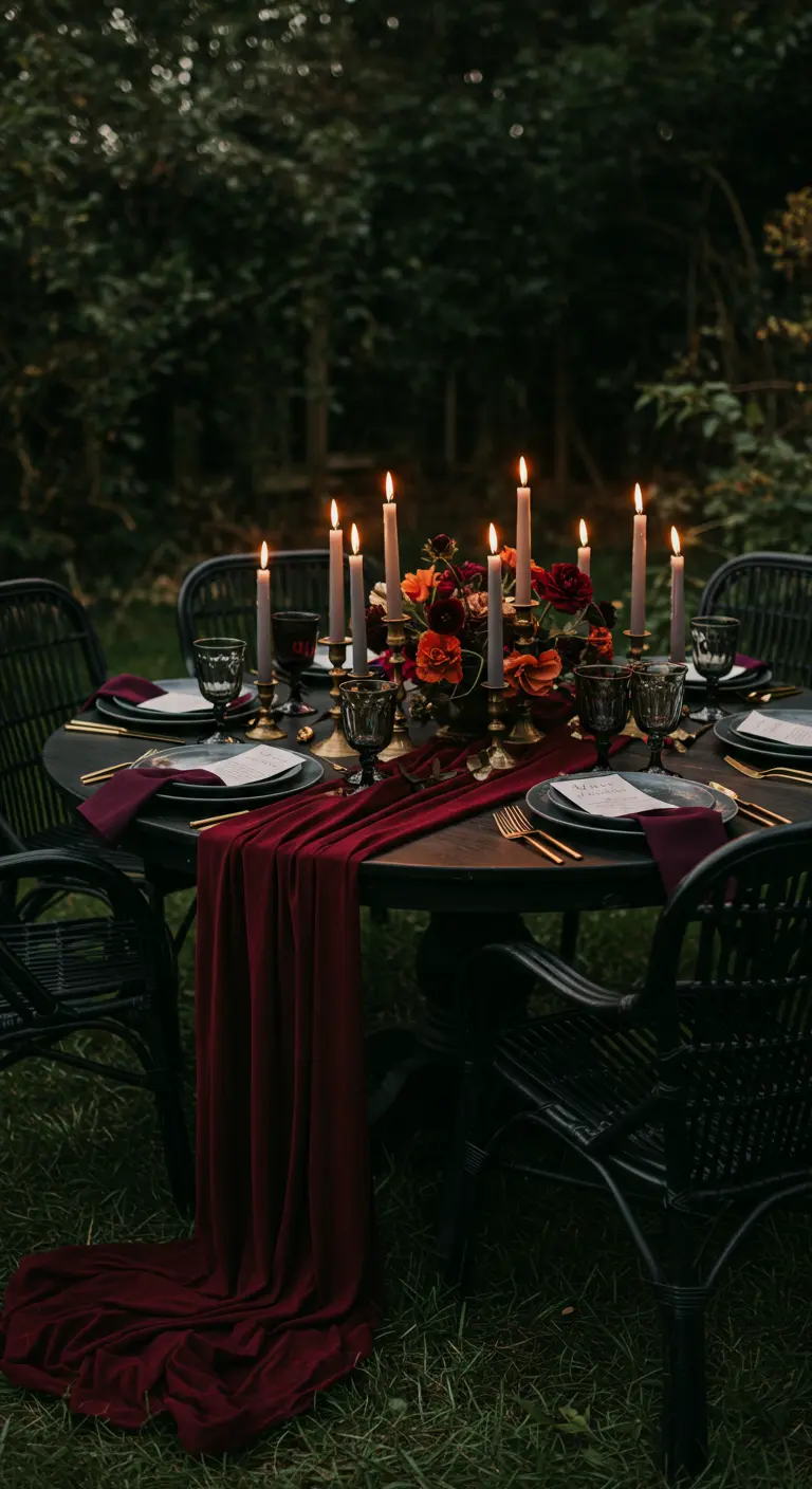 Table sombre et romantique avec un chemin de table en gaze bordeaux.