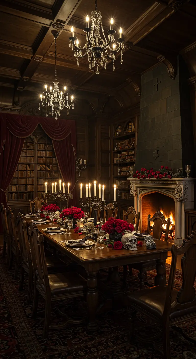Longue table en bois sombre avec chandeliers, roses rouges, crânes décoratifs et cheminée allumée.