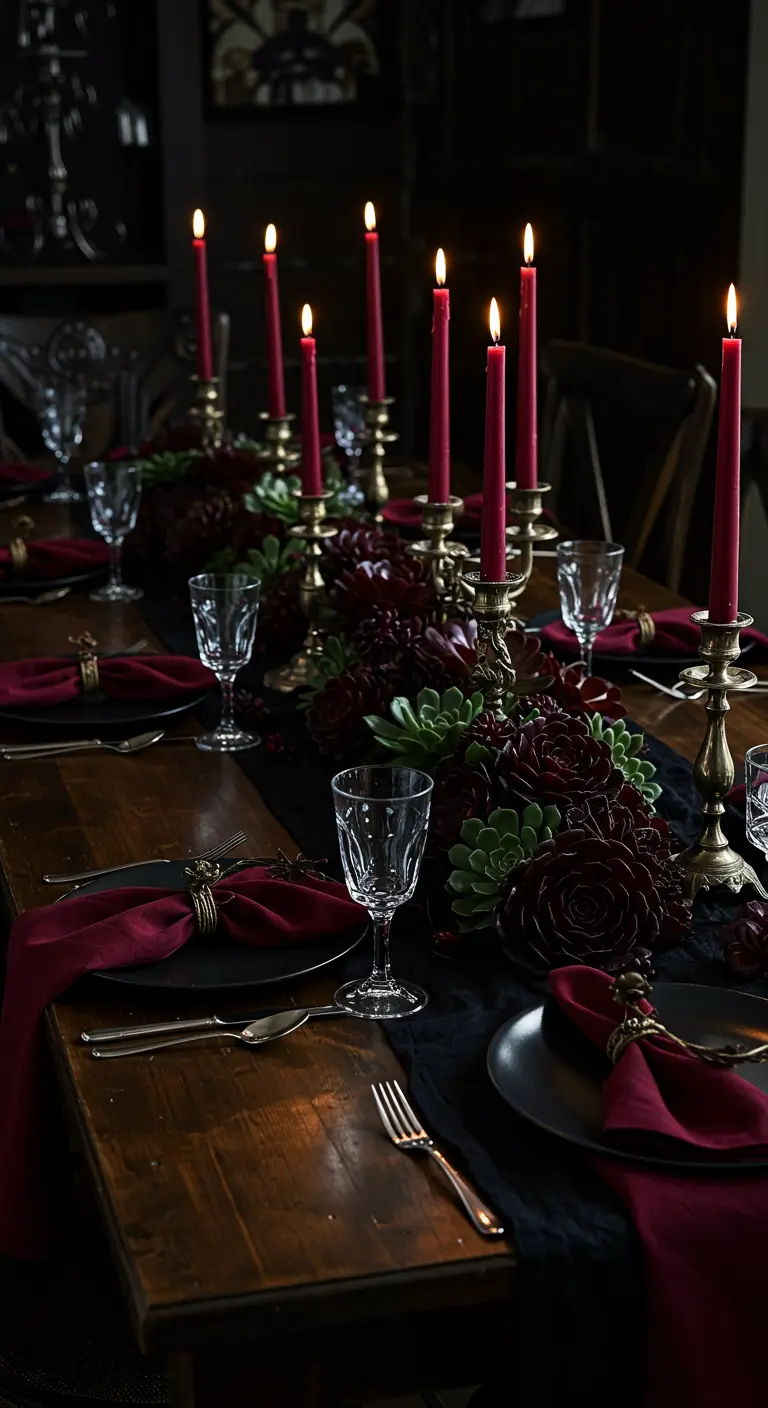 Table sombre et élégante avec des succulentes foncées et de nombreuses bougies rouges.