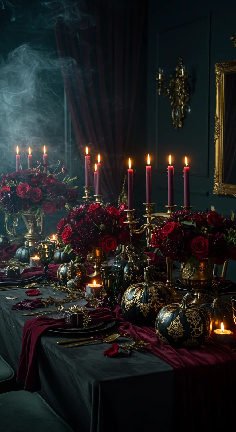 Table de dîner sombre et luxueuse avec citrouilles noires et or, et roses rouges.