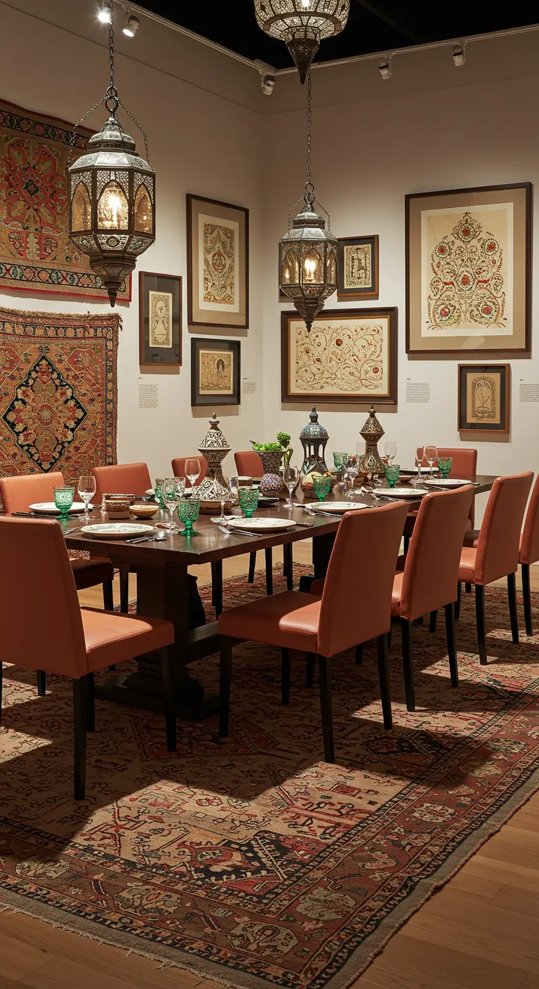 Grande salle à manger marocaine avec table moderne, chaises terracotta, tapis et lanternes design.