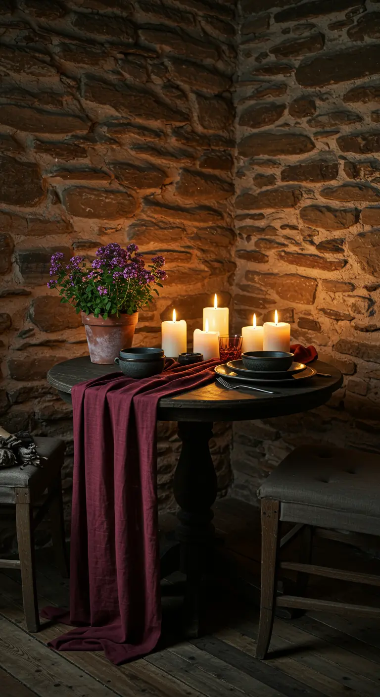Table ronde éclairée aux bougies avec un chemin de table bordeaux.
