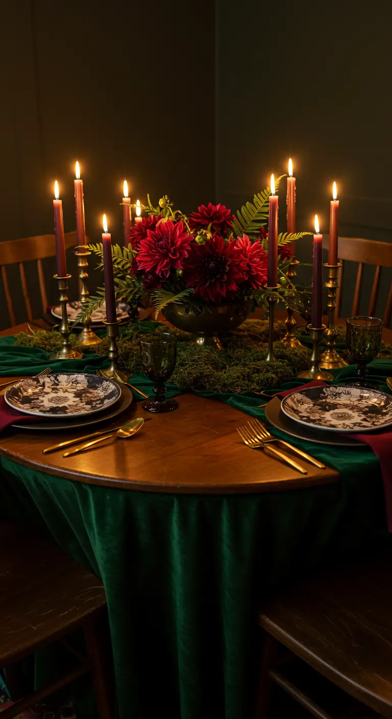 Table d'automne intime avec nappe en velours vert, dahlias bordeaux et chandeliers dorés, fond sombre.