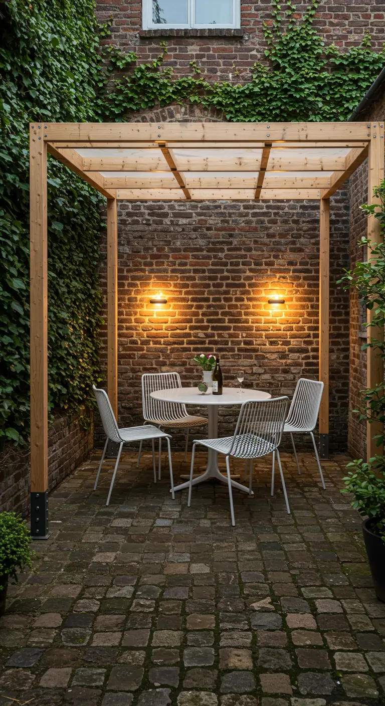 Pergola en bois dans une cour en briques avec une table ronde et des chaises blanches.