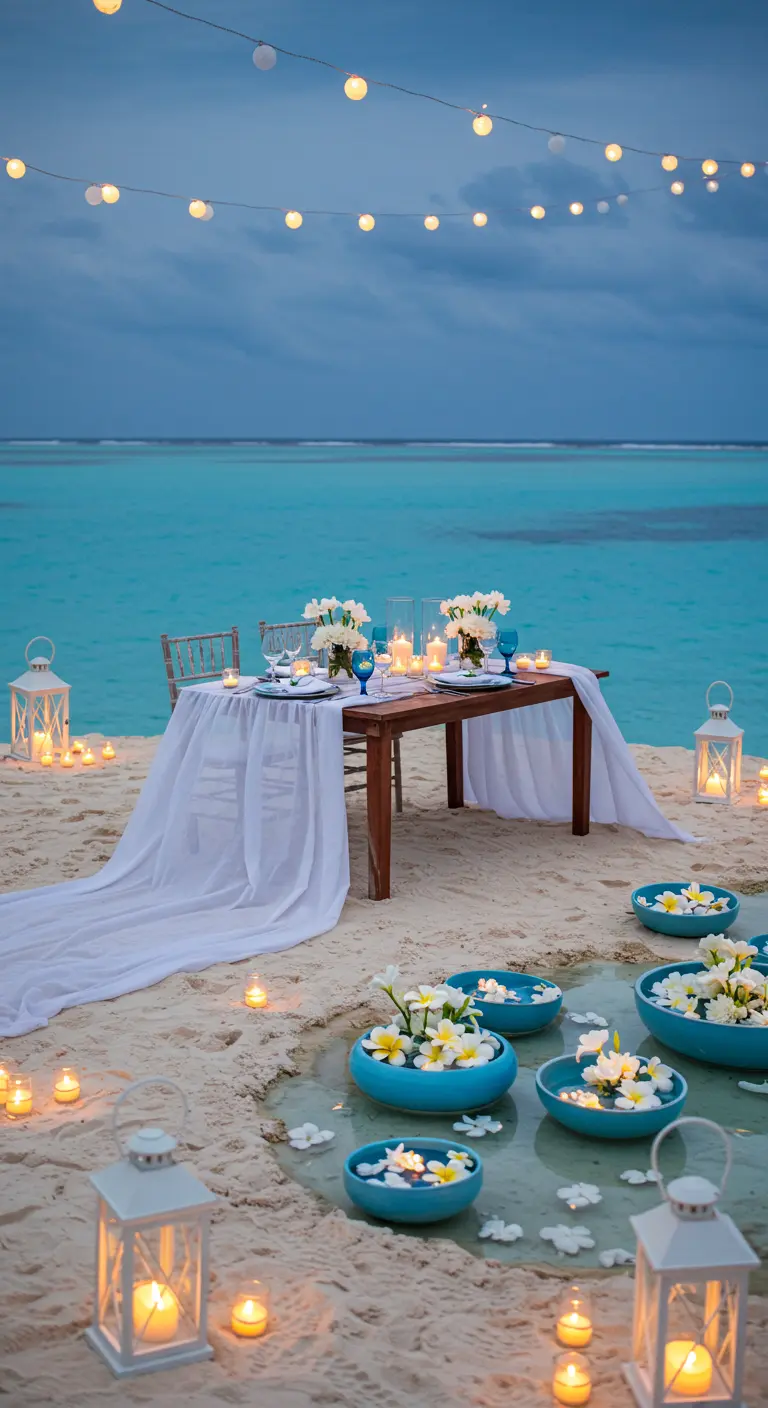 Table intime sur une plage paradisiaque avec guirlandes lumineuses, lanternes, et bols de fleurs flottants sur l'eau.