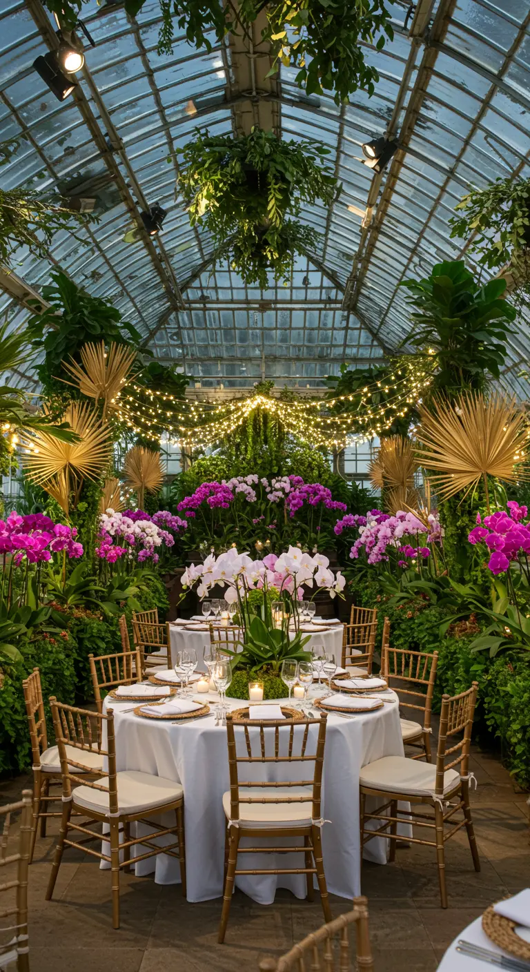 Dîner dans une serre avec tables rondes, nappes blanches, orchidées, palmiers dorés et guirlandes lumineuses.