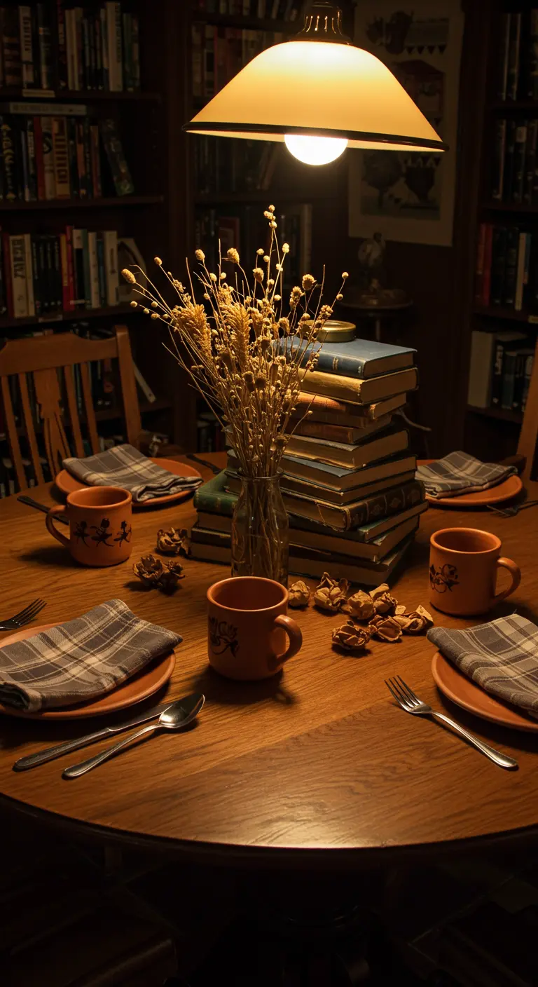 Table de dîner intime entourée de bibliothèques, avec des livres en centre de table.