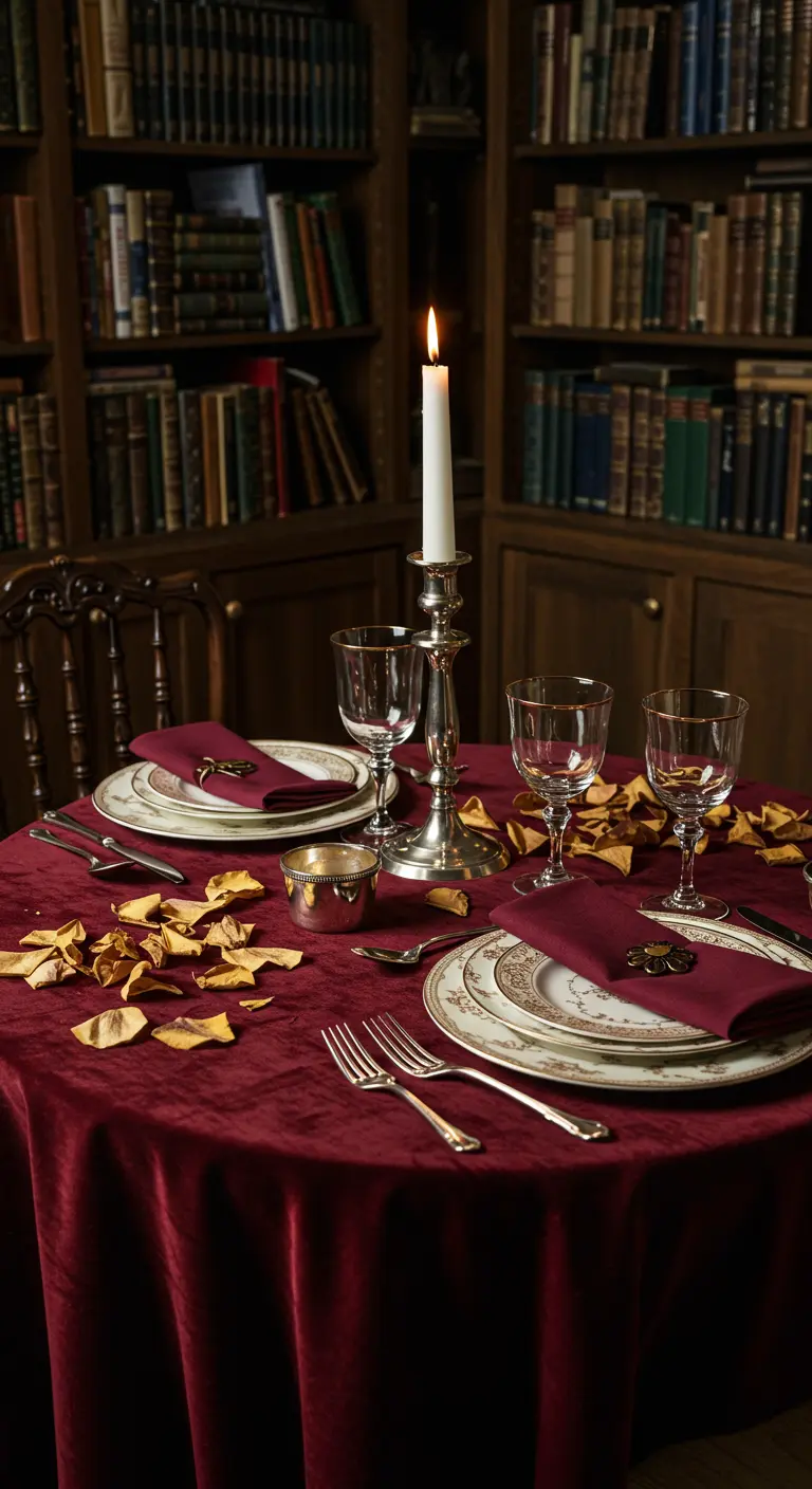 Table de dîner intime dressée avec une nappe en velours rouge devant une bibliothèque.