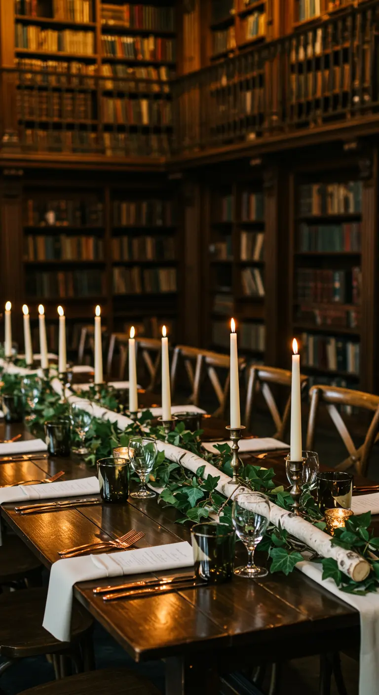 Table de mariage dans une bibliothèque, décorée de lierre, de bouleau et de bougies ivoire.