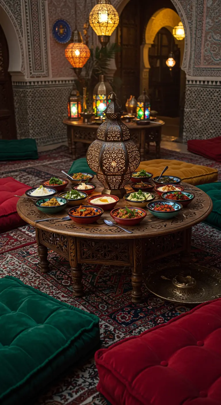 Table basse marocaine avec une grande lanterne ajourée, entourée de petits bols de plats individuels et de coussins de sol.