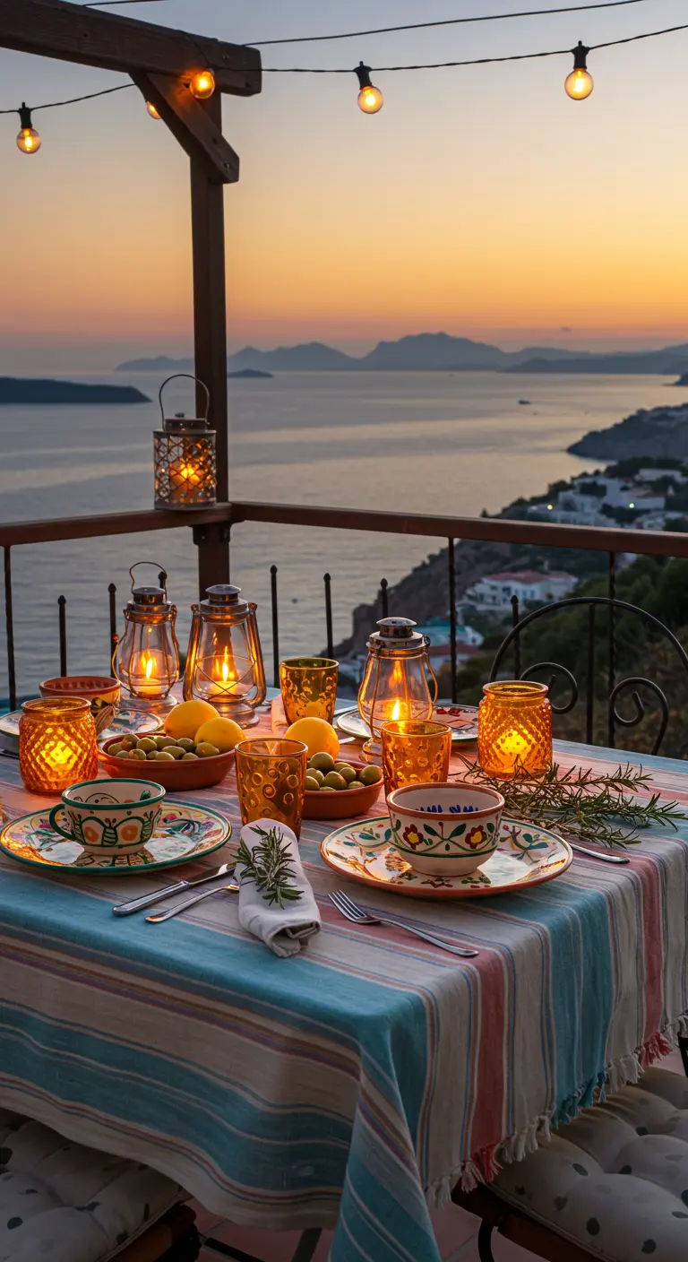Table d'extérieur avec vue sur la mer, décorée d'une nappe rayée, lanternes, citrons et vaisselle colorée.