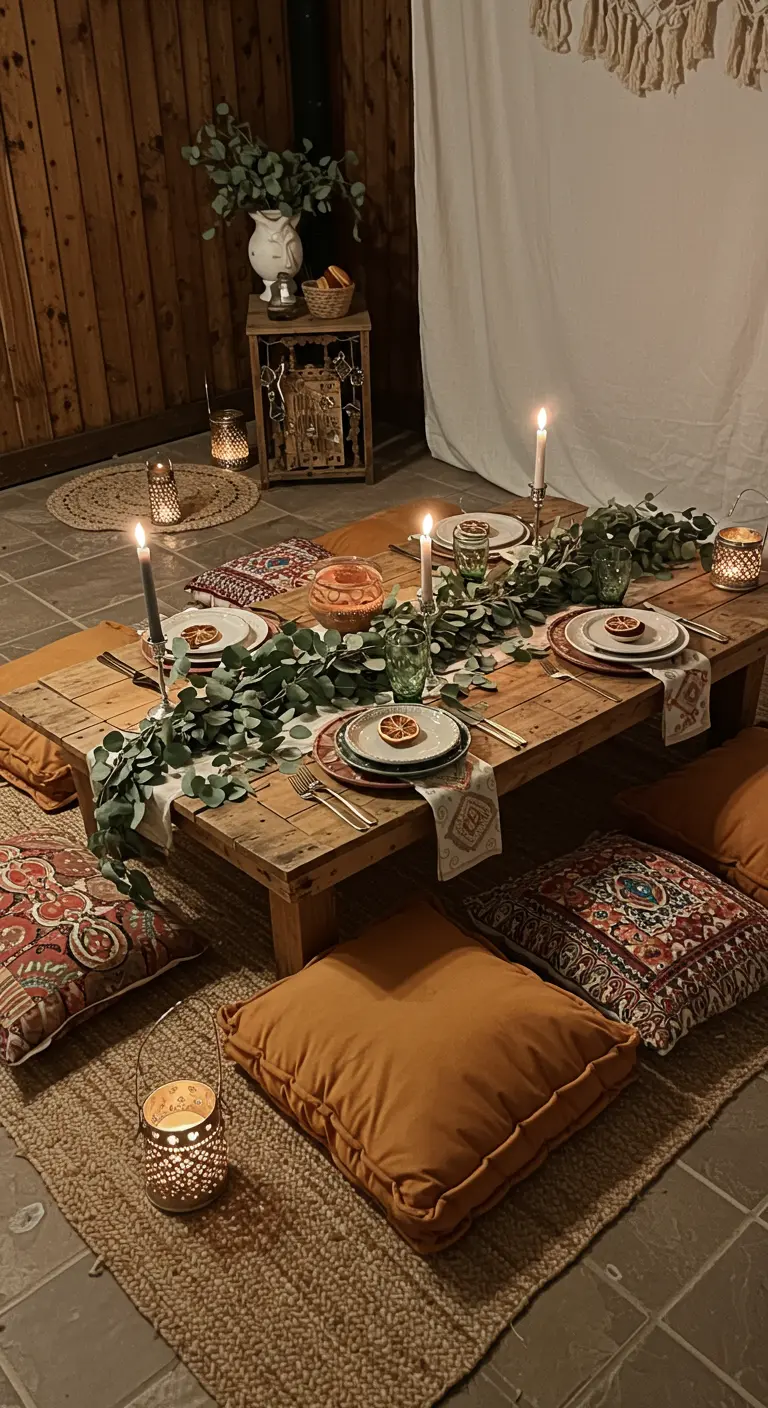 Table basse en bois pour un dîner bohème au sol avec coussins et guirlande d'eucalyptus.