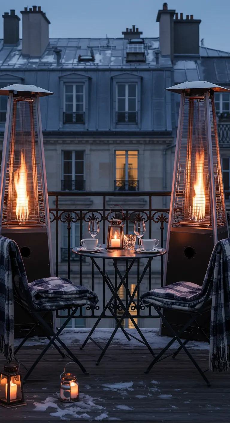 Balcon parisien avec deux chauffages pyramidaux, table bistrot et plaids.
