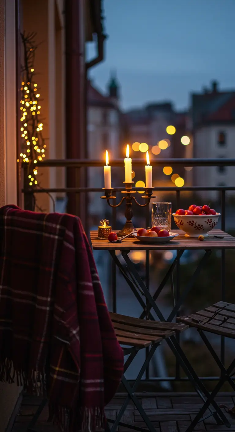 Table de bistro sur un balcon avec un chandelier et un plaid écossais.