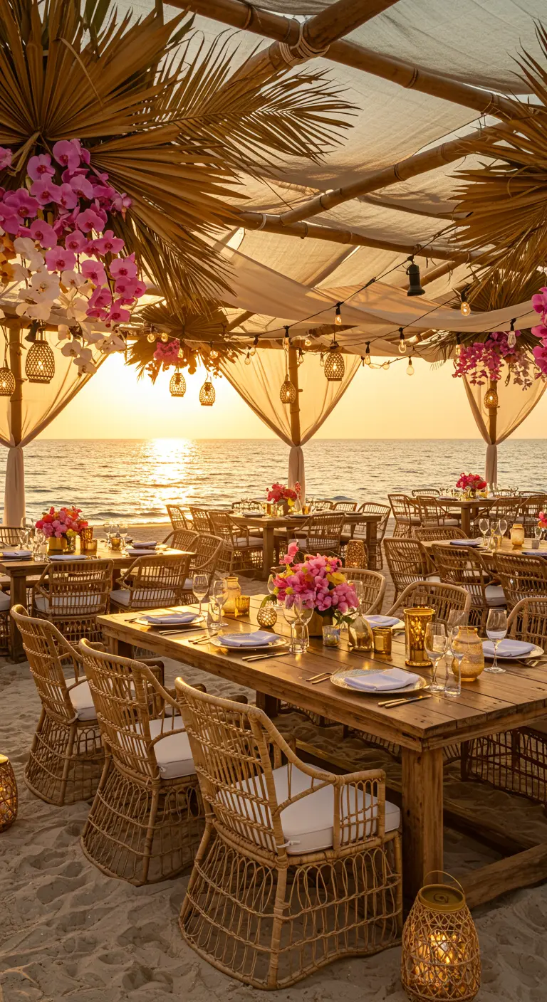 Dîner sur la plage au coucher du soleil avec tables en bois, chaises en rotin, fleurs roses et palmes séchées.