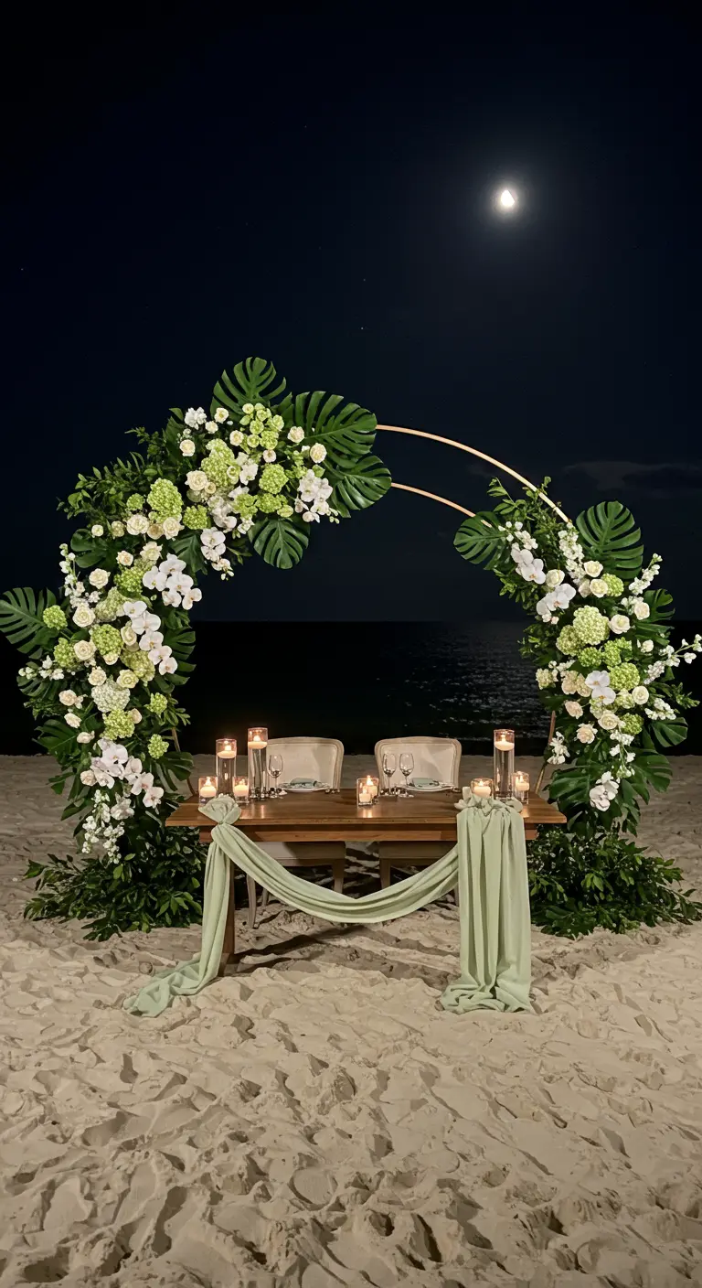 Arche circulaire fleurie blanc et vert, monstera, guirlandes lumineuses, table romantique, pleine lune.