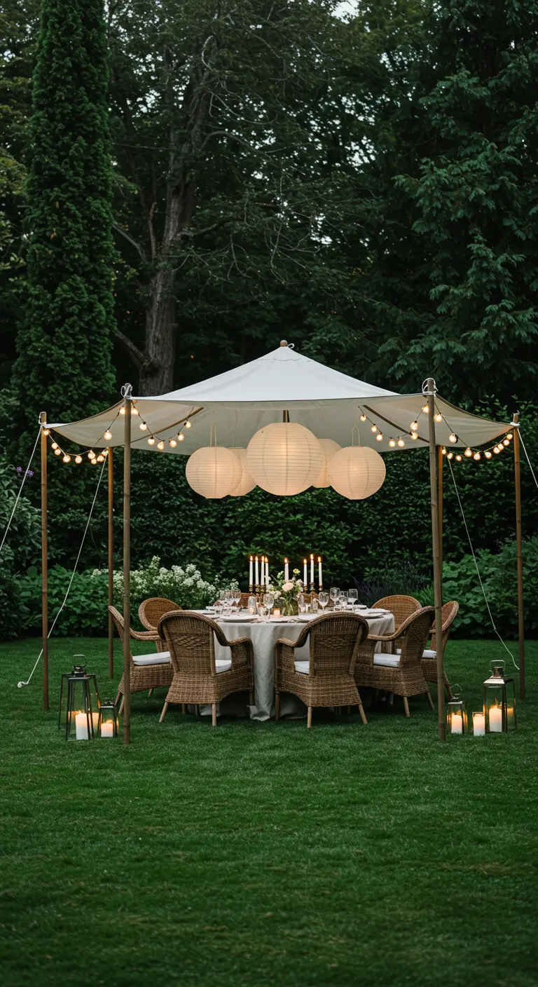 Table de dîner dressée en pleine pelouse sous une tente simple avec guirlandes et lampions blancs.