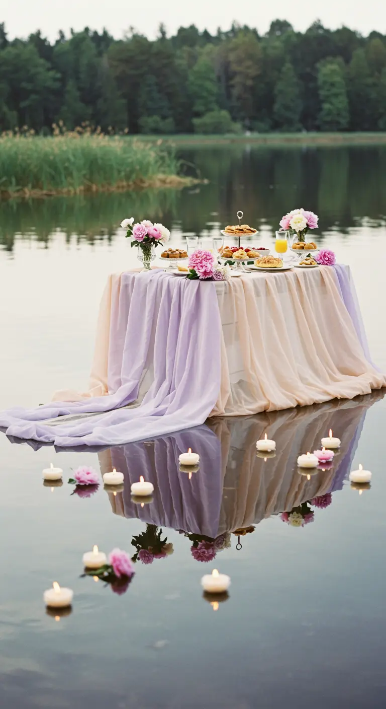 Table flottante sur un lac avec bougies, voilages pastel, et petits bouquets de fleurs.