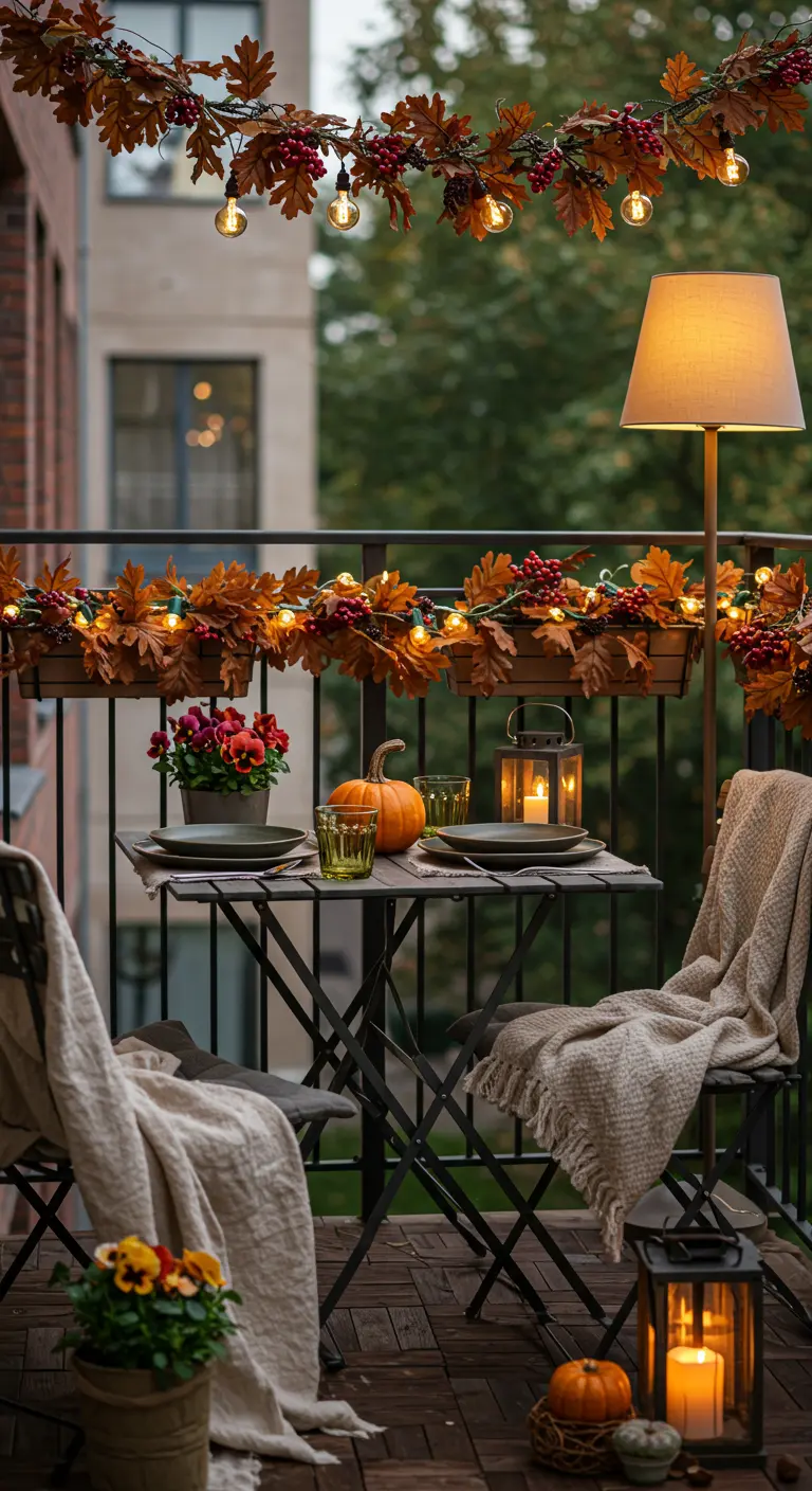 Balcon avec table de bistro, chaises, guirlande de feuilles lumineuse, lanterne et lampe sur pied.
