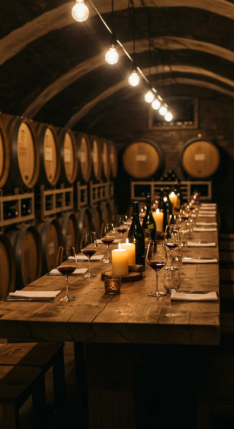 Longue table en bois dans une cave à vin, éclairée par des bougies et une guirlande d'ampoules.