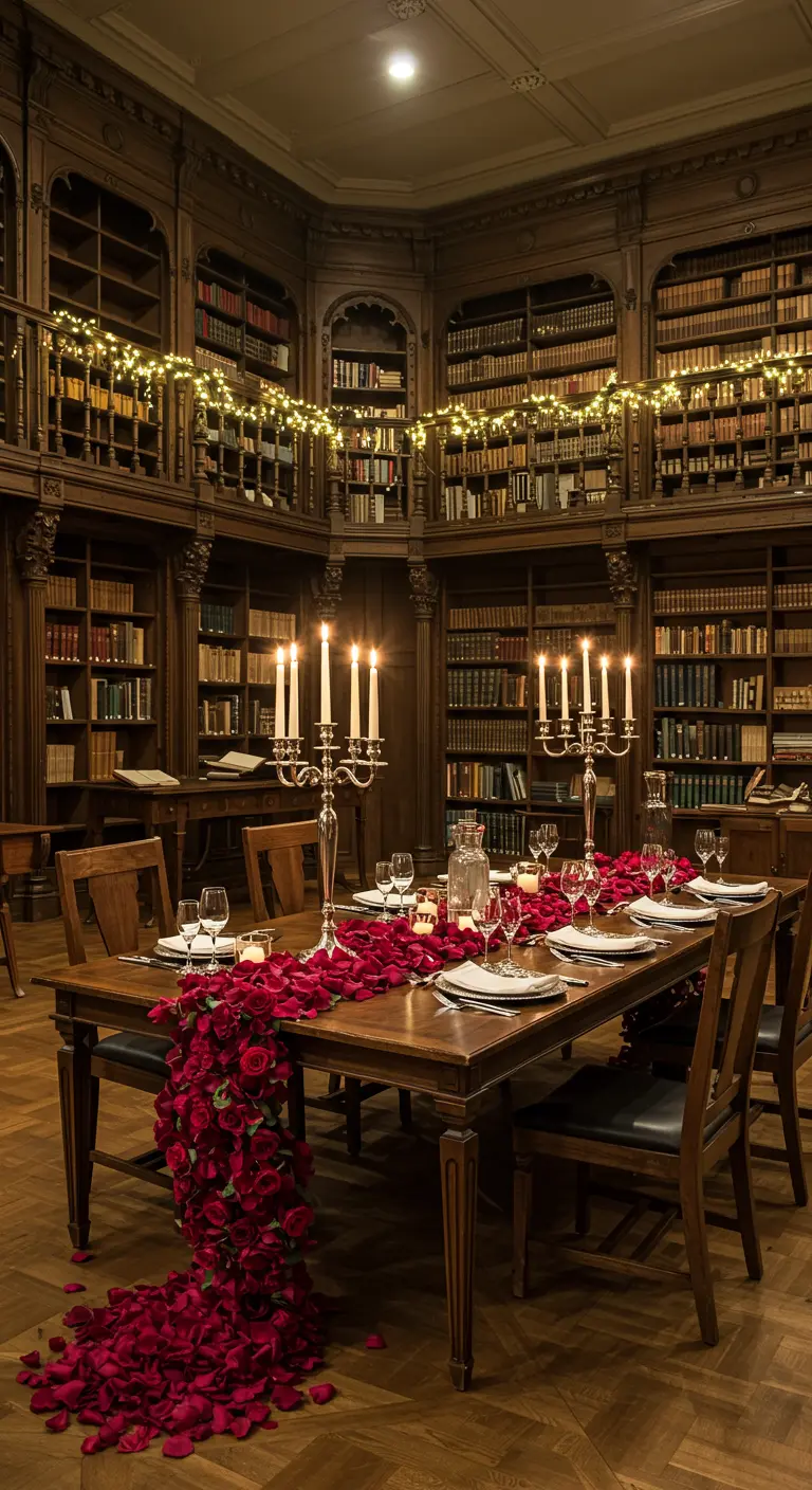 Dîner romantique dans une bibliothèque ancienne avec une cascade de roses.