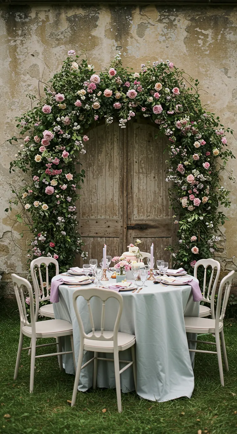 Table romantique dressée devant une porte ancienne sous une arche de roses roses et blanches.