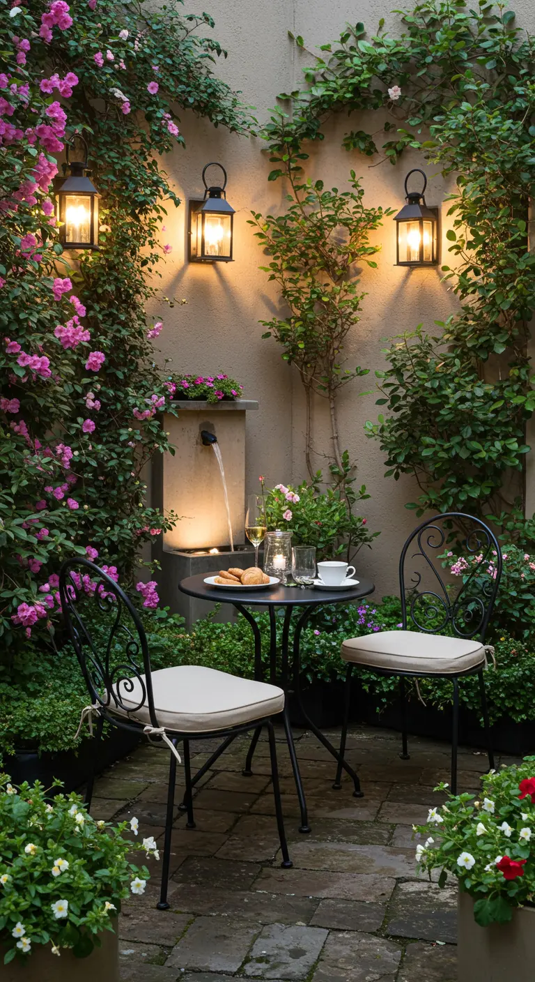 Petite table de bistrot noire dans une cour luxuriante avec une fontaine et des fleurs.