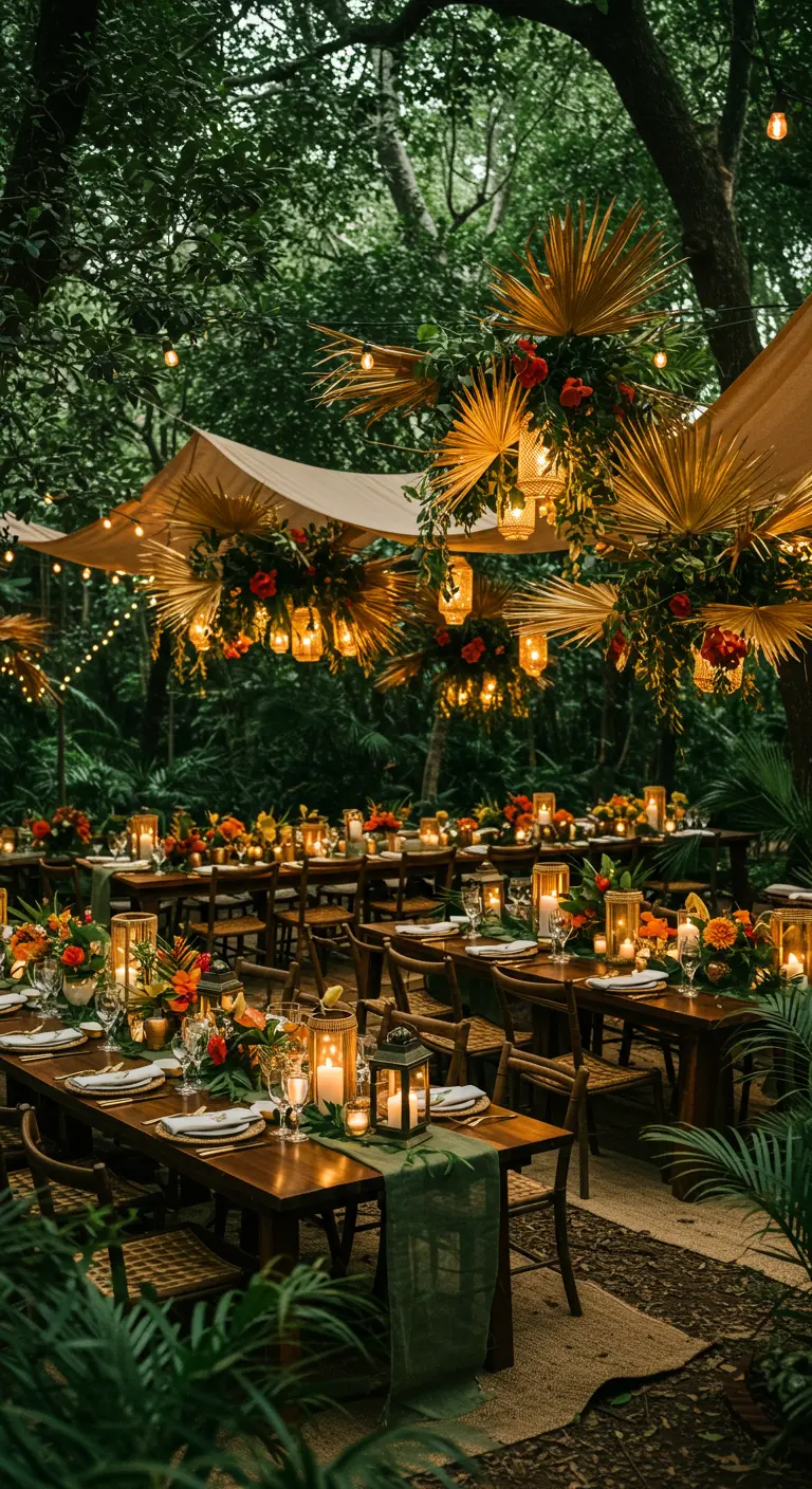 Dîner luxuriant en forêt avec tables en bois, feuillages exotiques, palmiers dorés suspendus et lanternes chaleureuses.
