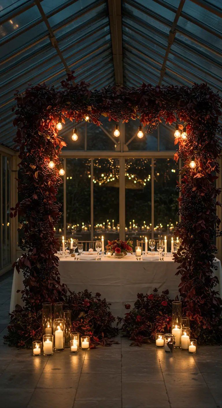 Table de mariage sous une arche de feuillage pourpre illuminée, dans une serre.