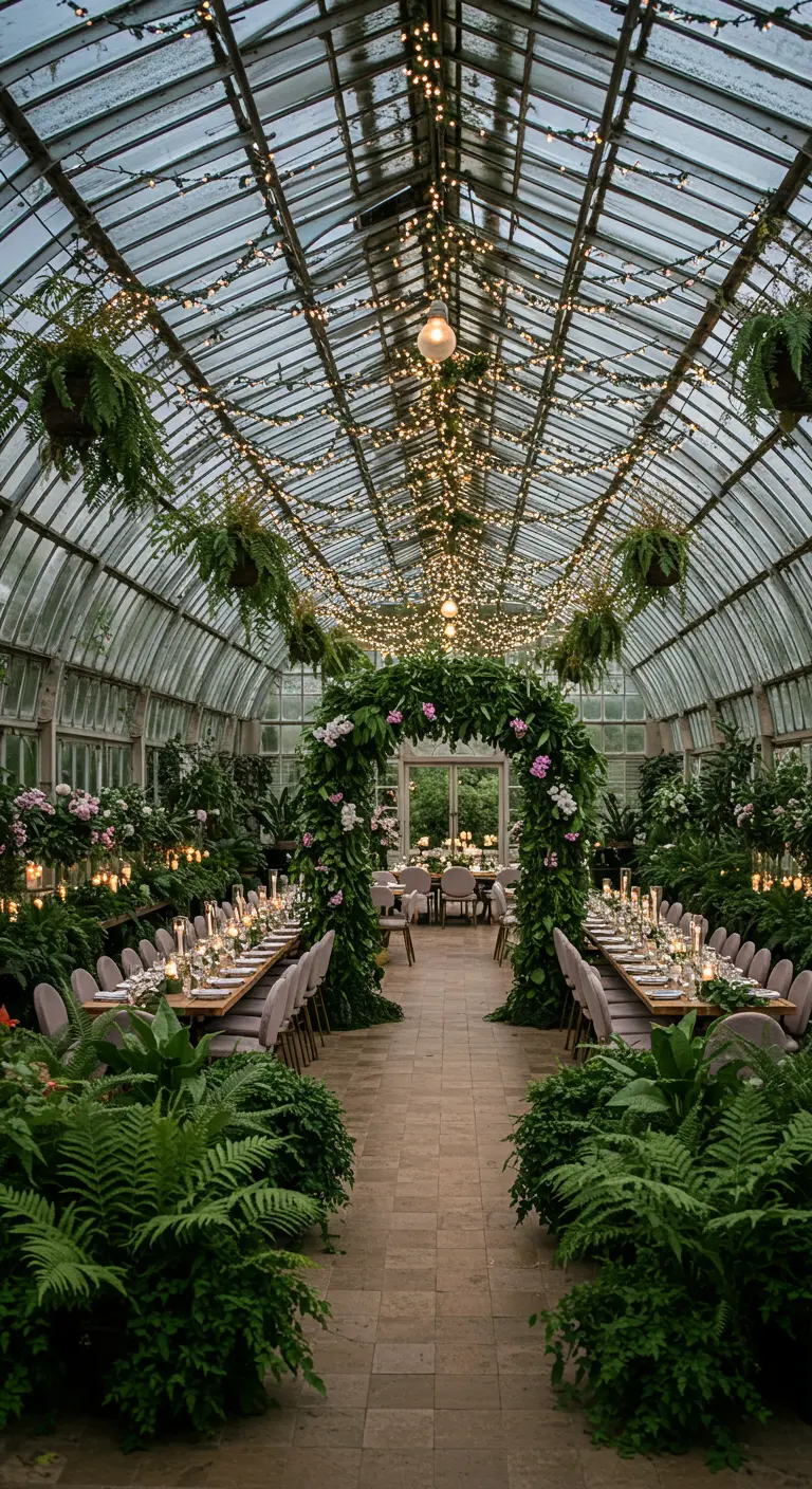 Longues tables de dîner dressées dans une serre remplie de plantes et de guirlandes lumineuses.