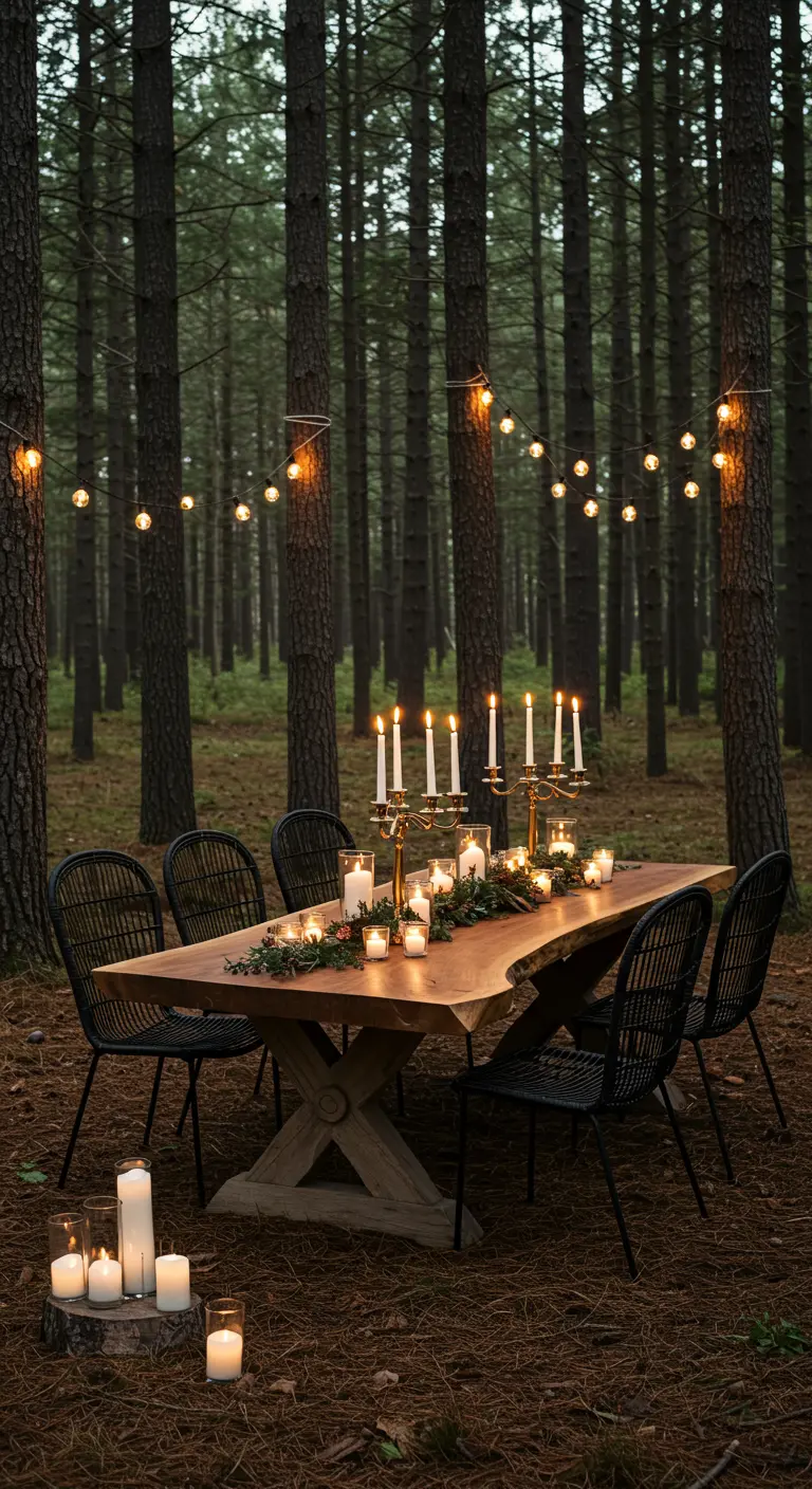 Table à manger dressée dans une forêt de pins, éclairée par des guirlandes et des bougies.
