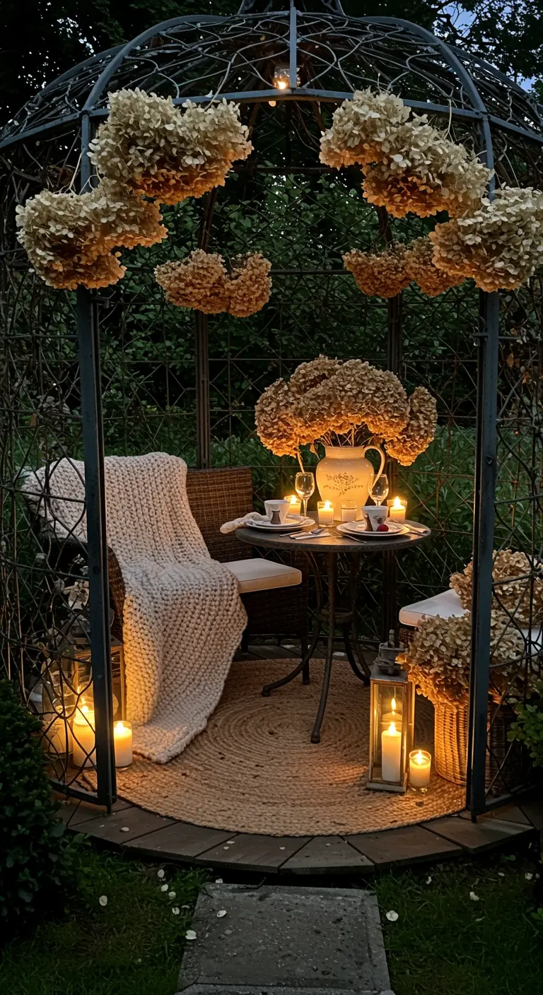 Gloriette romantique la nuit, décorée de bougies et d'hortensias séchés suspendus.