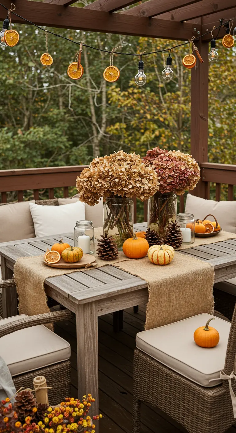 Table de salle à manger extérieure décorée pour l'automne avec des hortensias séchés.