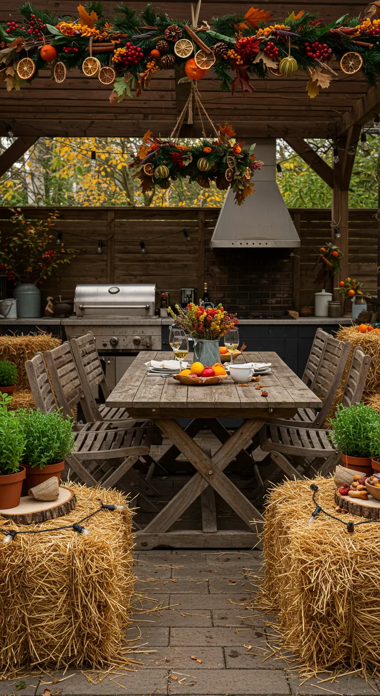 Espace repas extérieur sous une pergola décorée de couronnes, table en bois avec centre de table automnal, bottes de paille et pots de plantes.