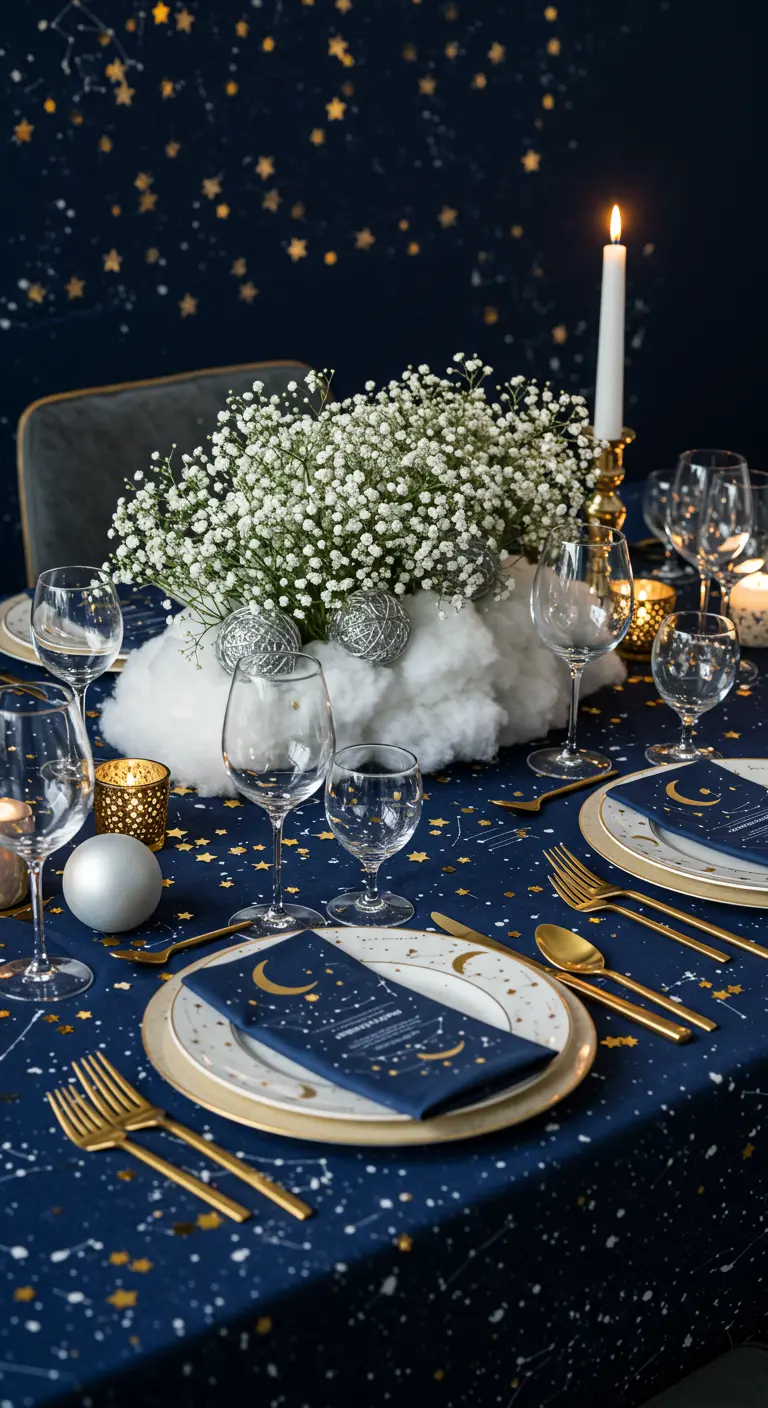 Table de fête sur le thème céleste avec une nappe étoilée et un centre de table nuageux.