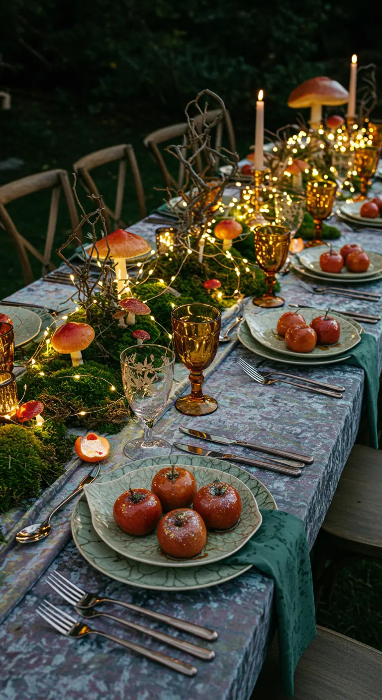 Table de jardin nocturne décorée de mousse, champignons et guirlandes.
