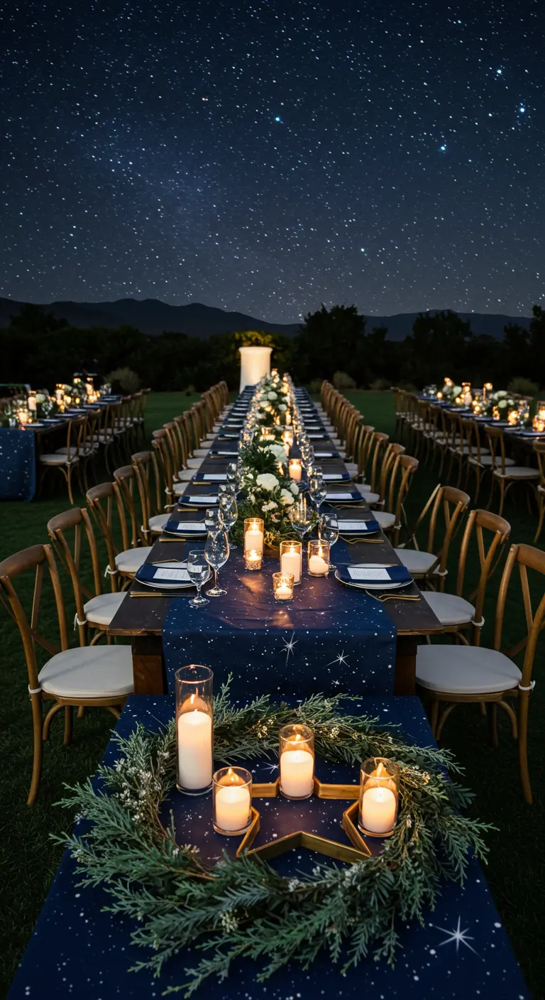 Table de réception nocturne avec nappe étoilée et centre de table en forme d'étoile