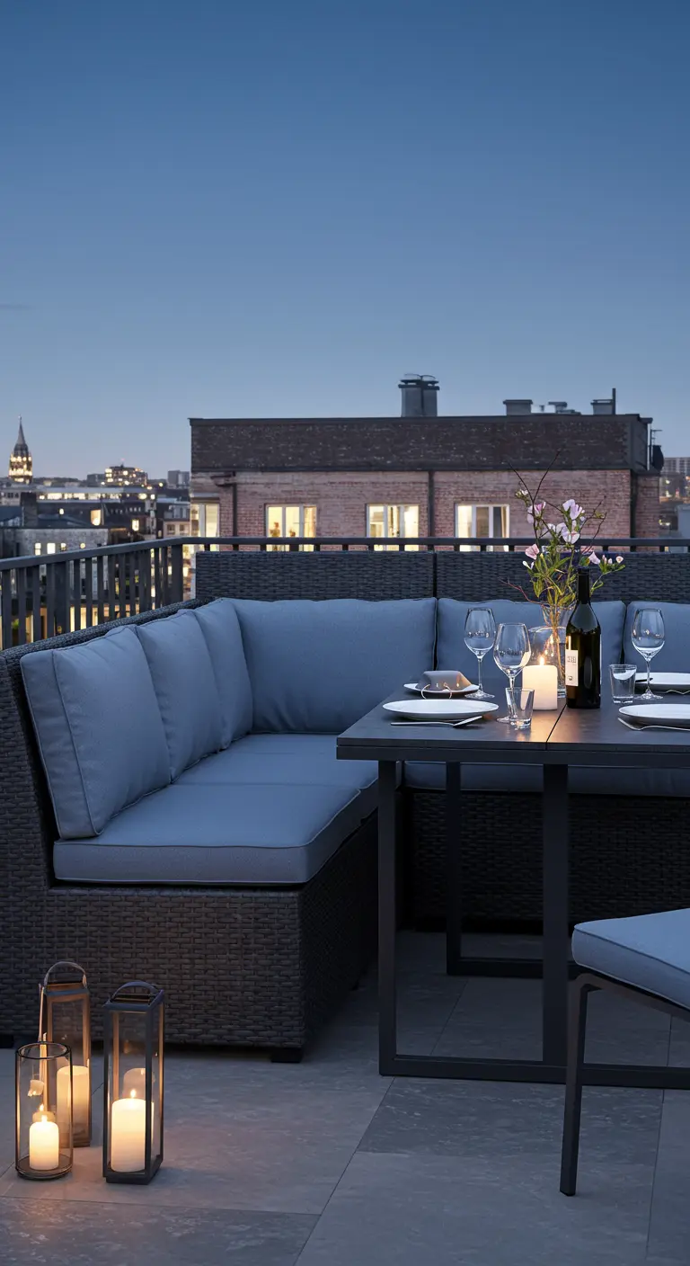 Salon de jardin en rotin foncé avec coussins bleu ardoise, aménagé pour un dîner sur un toit-terrasse.