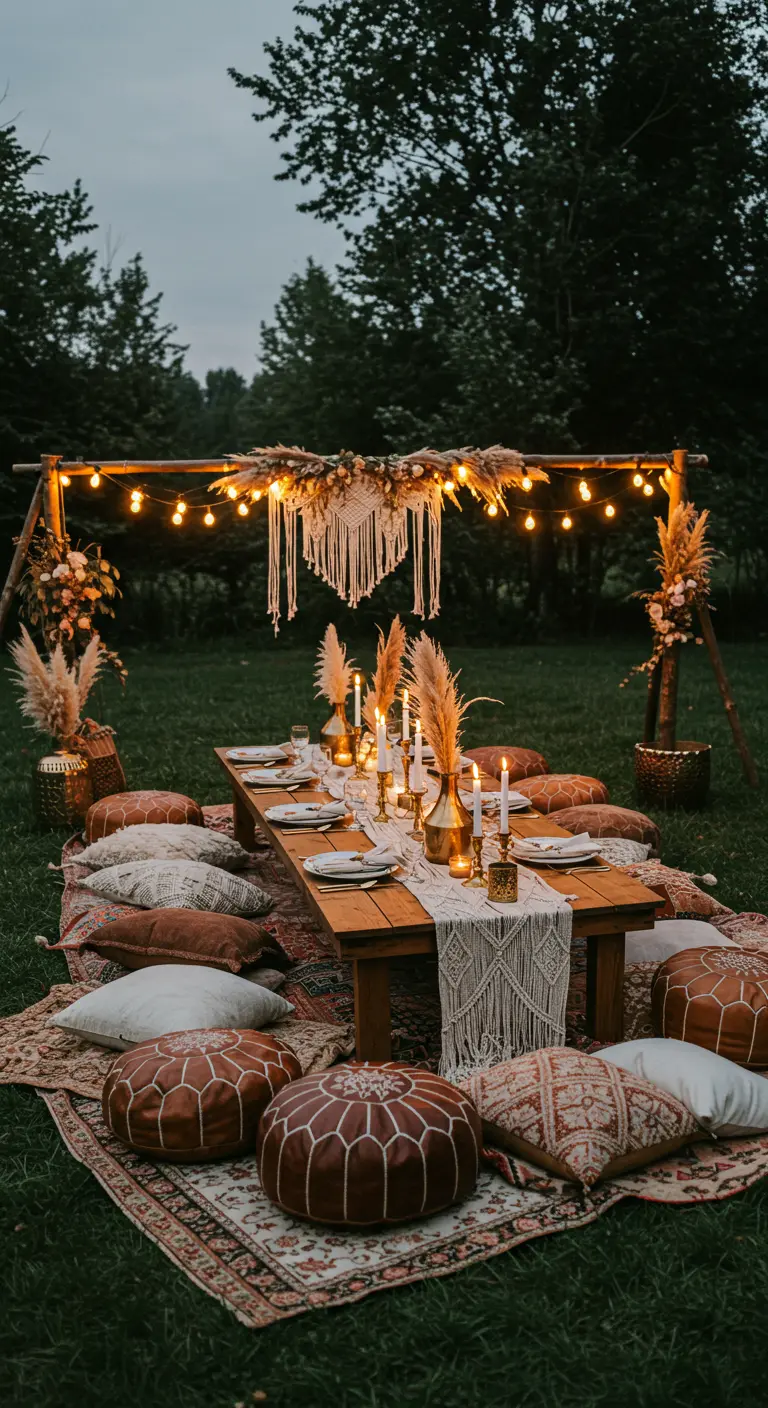 Table basse en bois dressée sur des tapis dans un jardin, avec des coussins et des lampions.