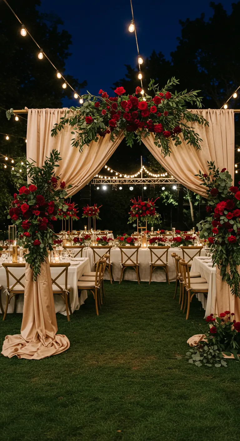 Dîner extérieur sous une arche florale rouge et crème avec guirlandes lumineuses.