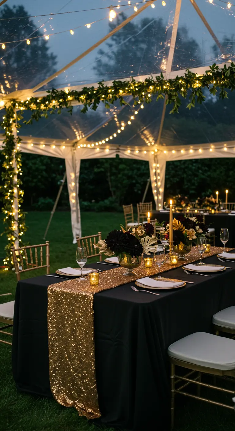 Table de dîner en plein air sous une tente transparente avec des guirlandes lumineuses.