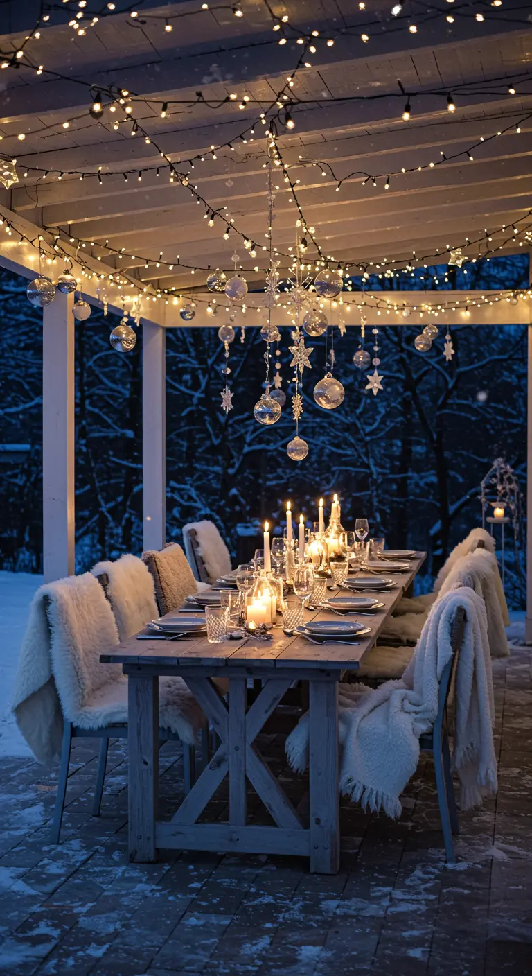 Table de dîner extérieure en hiver avec guirlandes, bougies et plaids.