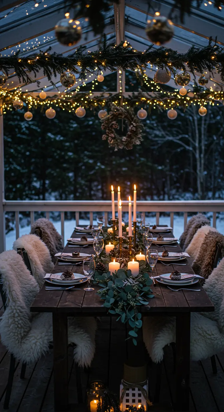 Table de Noël dressée en extérieur, chaises couvertes de peaux de mouton et guirlandes.