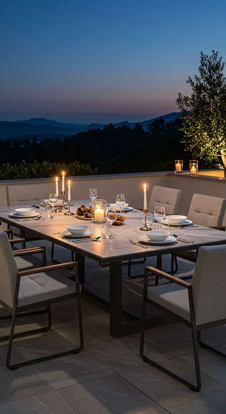 Table de dîner élégante sur une terrasse la nuit, illuminée par des bougies.