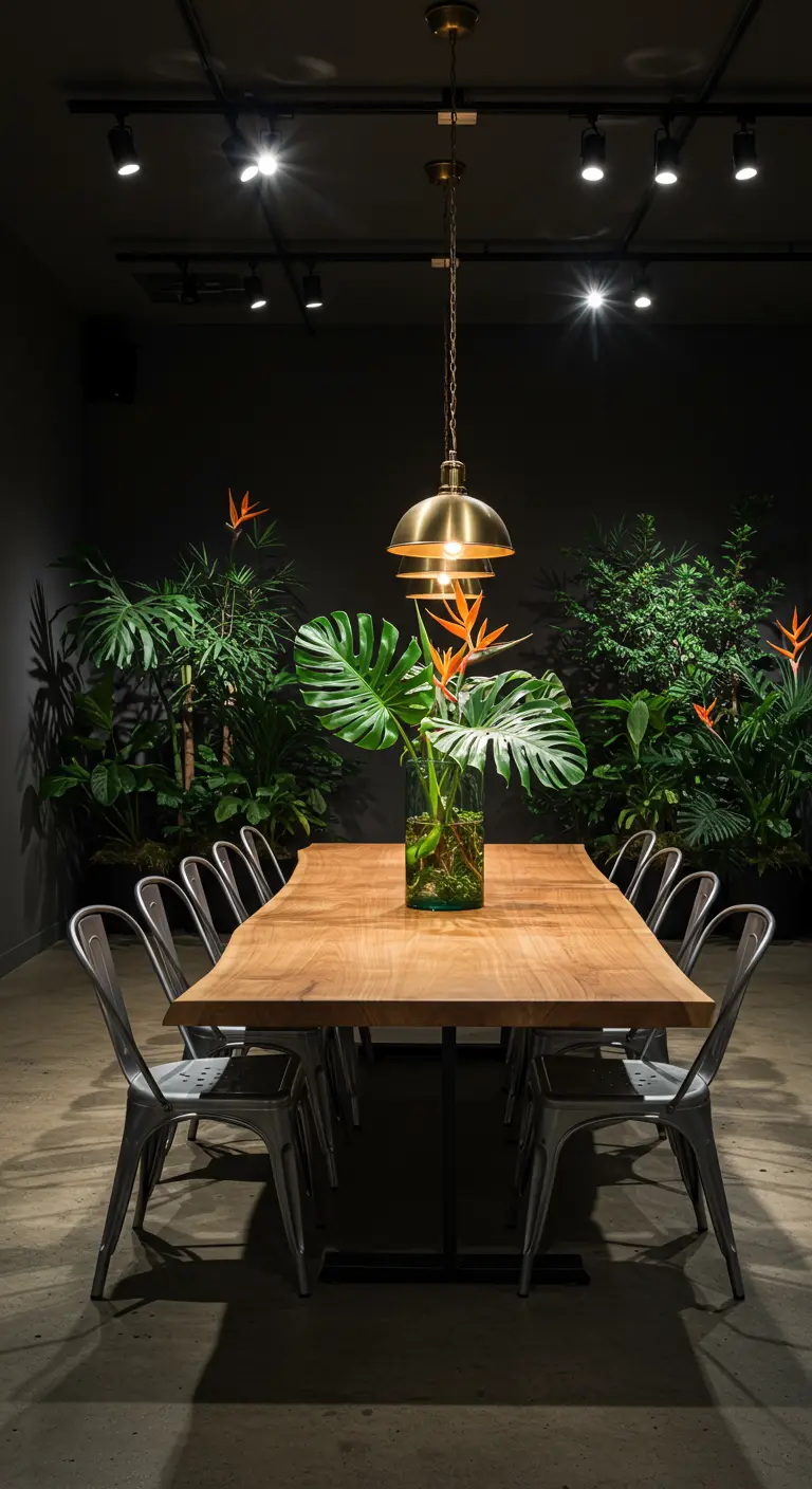 Salle à manger sombre avec une longue table en bois, chaises métalliques, plantes tropicales et un luminaire suspendu doré.