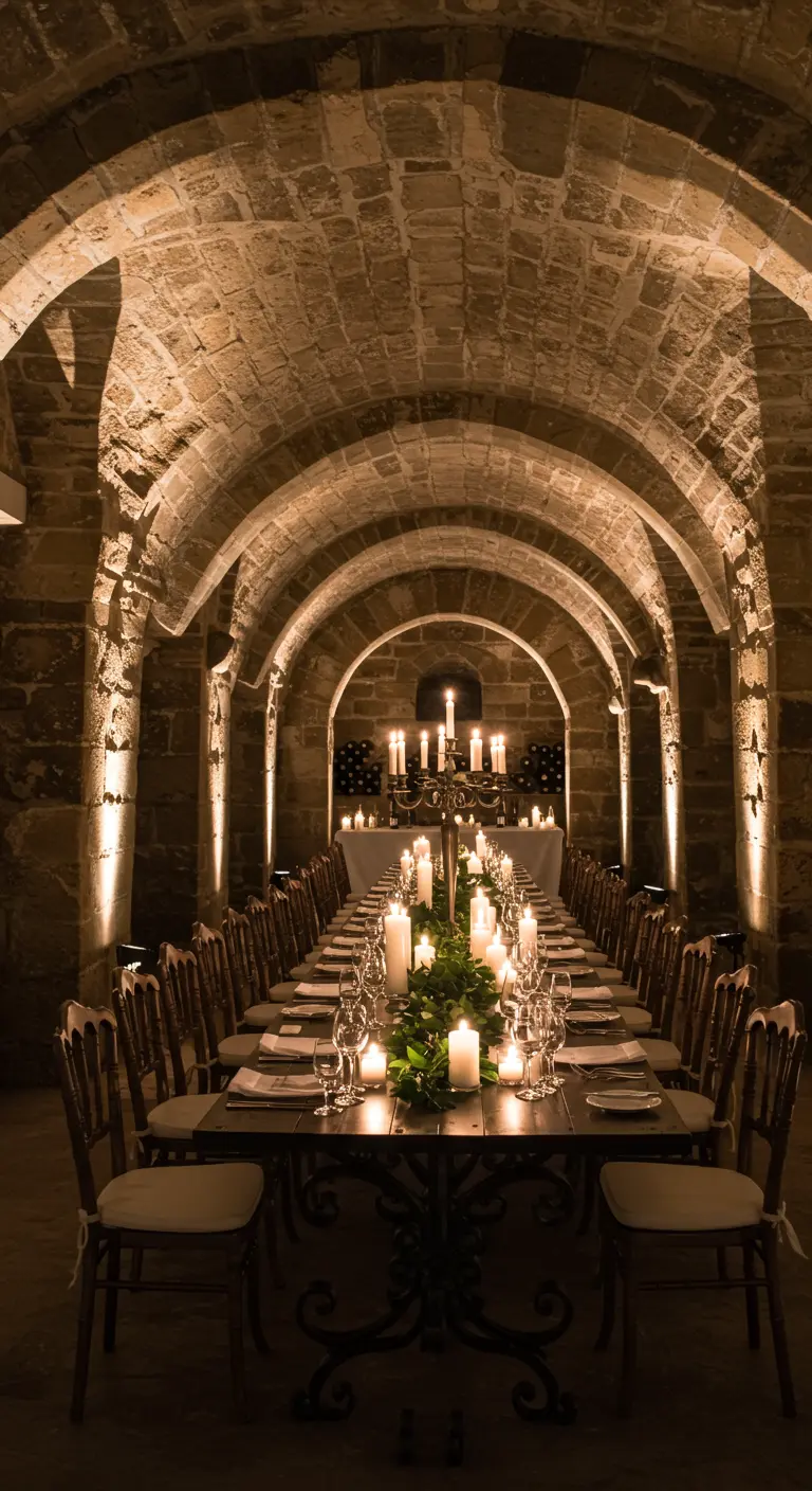 Longue table de dîner dressée dans une cave voûtée en pierre éclairée par des spots.