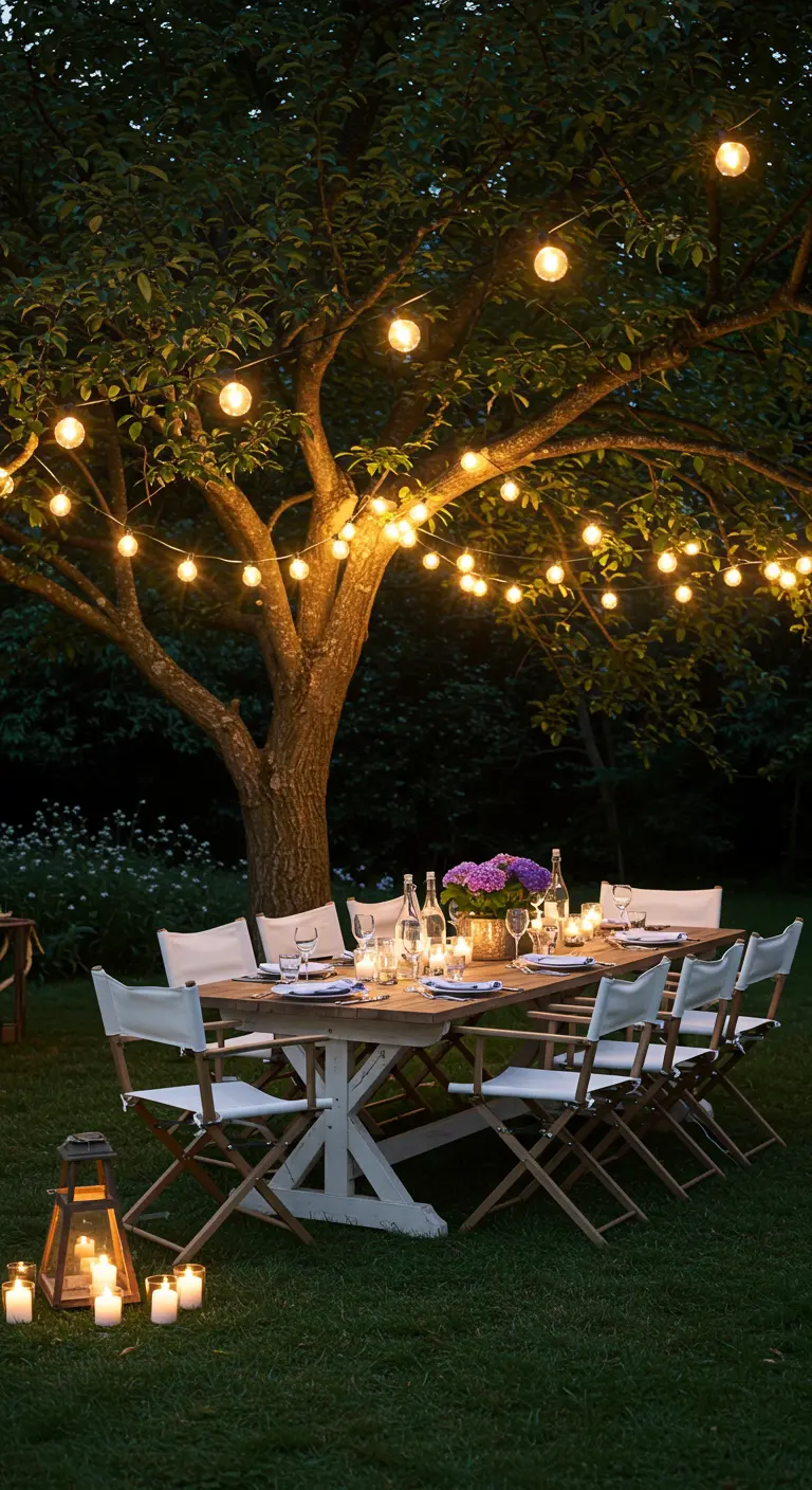 Table dressée dans un jardin la nuit, éclairée par une guirlande lumineuse suspendue à un arbre.